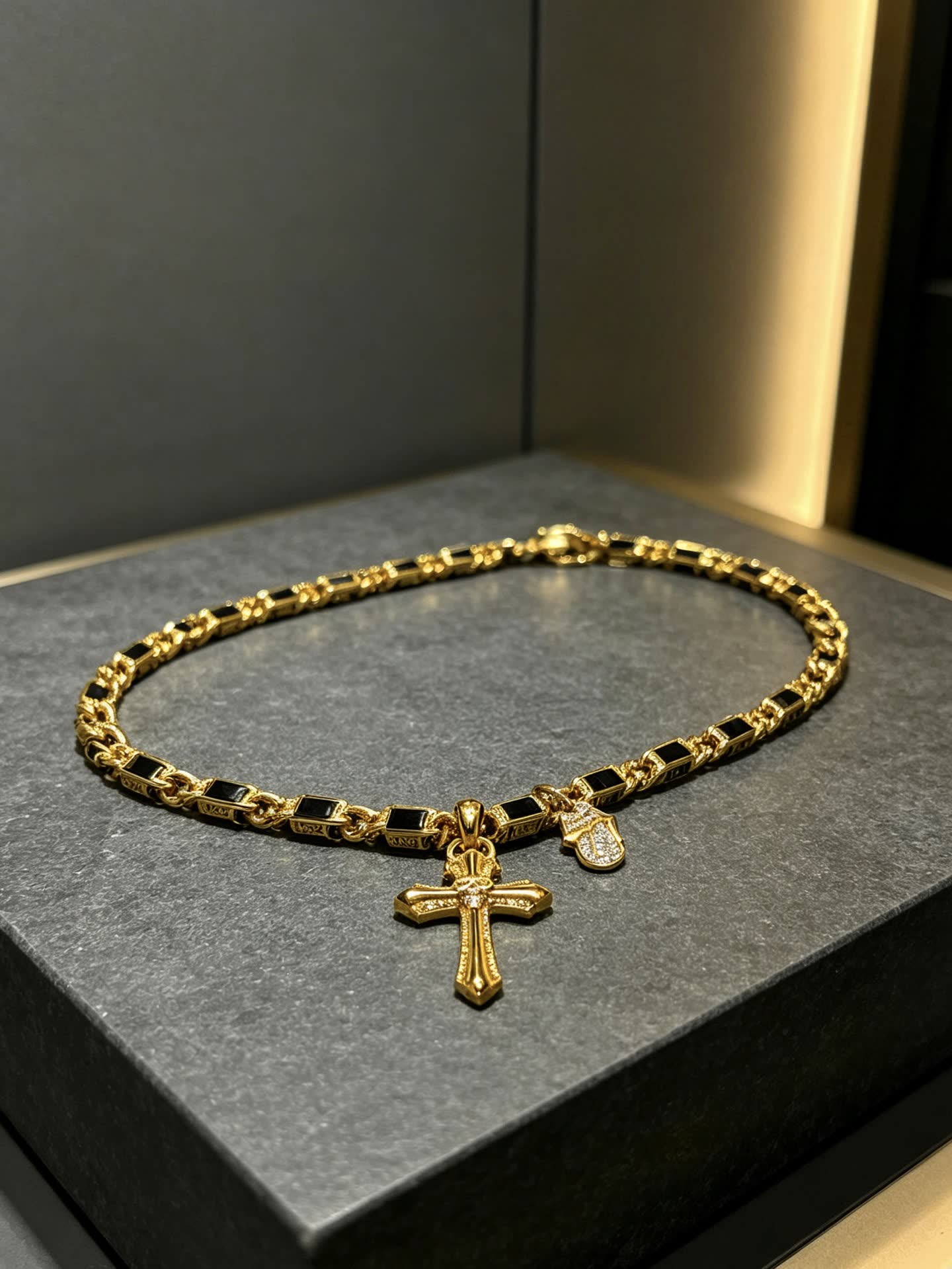 Chrome Hearts Gold Cross Pendant Necklace with Black Stones